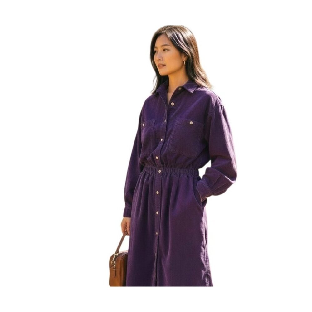 VTG Purple Corduroy Shirt‎ Dress Sz 6 Longsleeve Knee Legth Sz 6 90s Eddie Bauer